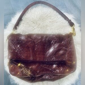JM Collection Brown Faux Snakeskin Fold Over Convertible Bag Gold Tone Hardware